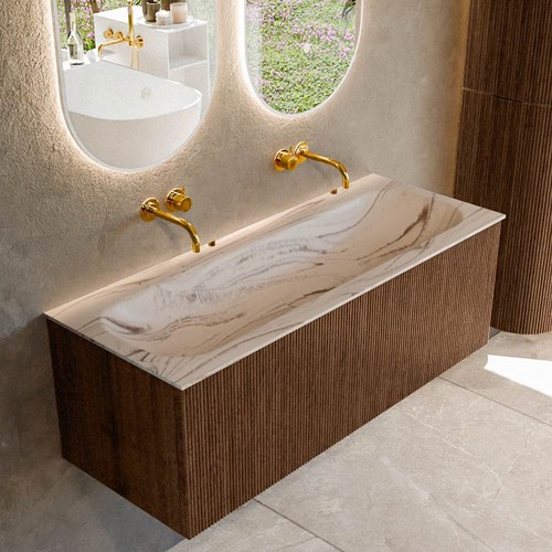 KURVE-DLUX 120cm badmeubel kleur Walnut met 1 lade en 0 deuren. Wastafel BIG LARGE Midden zonder kraangat Nata.