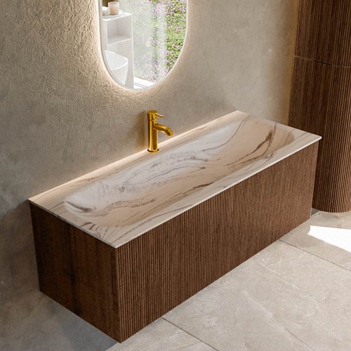 KURVE-DLUX 120cm mobili da bagno colore Walnut con 1 cassetto e 0 porte. Lavabo BIG LARGE Centro 1 foro per rubinetto, colore Nata.
