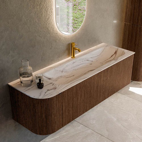 KURVE-DLUX 145cm bathroom vanity set curve Left color Walnut with 1 drawer and 1 door. Vanity top BIG LARGE Right 1 tab hole, color Nata.