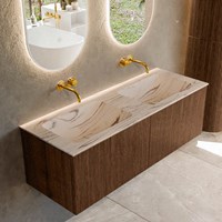 KURVE-DLUX 130cm meubles de salle de bains couleur Walnut avec 2 tiroirs et 0 portes. Lavabo LEAF Double sans trou pour robinet, couleur Nata.
