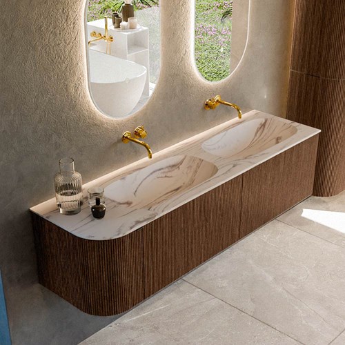 KURVE-DLUX 165cm badmeubel ronding Links kleur Walnut met 2 lades en 1 deur. Wastafel STOR SMALL Dubbel / Rechts zonder kraangat Nata.