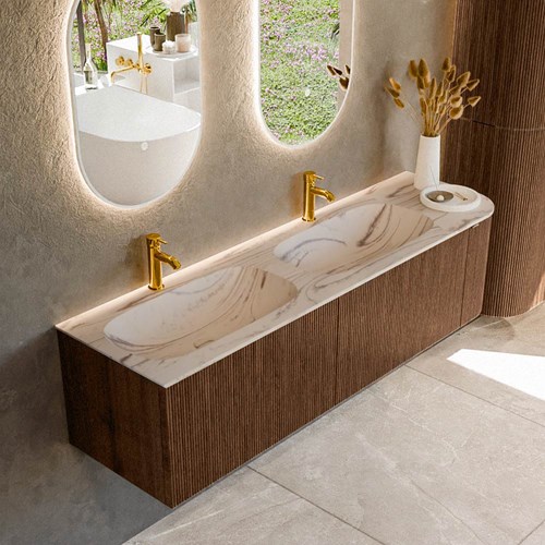 KURVE-DLUX 165cm mueble de baño curva Derecha color Walnut con 2 cajones y 1 puerta. Lavabo STOR SMALL Doble / Izquierda 2 orificios Nata.