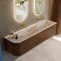 KURVE-DLUX 175cm meubles de salle de bains courbe Gauche couleur Walnut avec 2 tiroirs et 1 porte. Lavabo STOR SMALL Double / Droite sans trou pour robinet, couleur Nata.