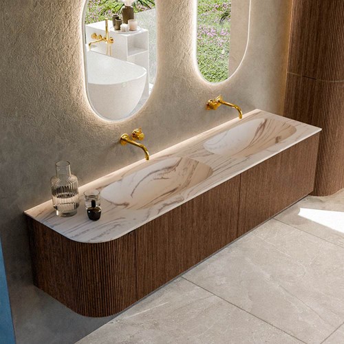KURVE-DLUX 175cm meubles de salle de bains courbe Gauche couleur Walnut avec 2 tiroirs et 1 porte. Lavabo STOR SMALL Double / Droite sans trou pour robinet, couleur Nata.
