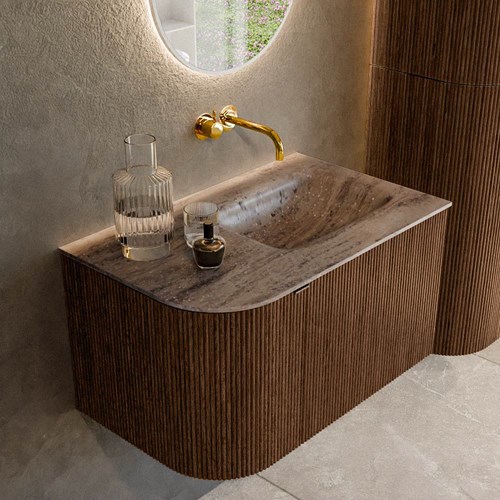 KURVE-DLUX 75cm bathroom vanity set curve Left color Walnut with 1 drawer and 1 door. Vanity top GRUNNE Right without tab hole, color Oza.