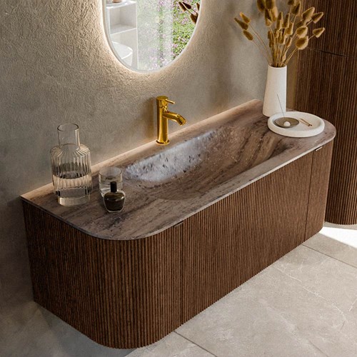 KURVE-DLUX 120cm badmeubel ronding Links + Rechts kleur Walnut met 1 lade en 2 deuren. Wastafel BIG SMALL Midden 1 kraangat Oza.