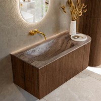 KURVE-DLUX 105cm meubles de salle de bains courbe Droite couleur Walnut avec 1 tiroir et 1 porte. Lavabo BIG SMALL Gauche sans trou pour robinet, couleur Oza.