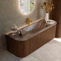 KURVE-DLUX 130cm mueble de baño curva Izquierda + Derecha color Walnut con 1 cajón y 2 puertas. Lavabo BIG SMALL Centro 1 orificio Oza.