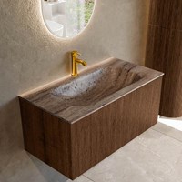 KURVE-DLUX 90cm bathroom vanity set color Walnut with 1 drawer and 0 doors. Vanity top BIG SMALL Center 1 tab hole, color Oza.