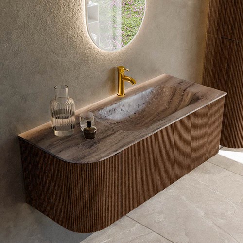 KURVE-DLUX 115cm mobili da bagno curva Sinistra colore Walnut con 1 cassetto e 1 porta. Lavabo BIG SMALL Destra 1 foro per rubinetto, colore Oza.