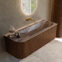 KURVE-DLUX 125cm badmeubel ronding Links kleur Walnut met 1 lade en 1 deur. Wastafel BIG MEDIUM Rechts zonder kraangat Oza.