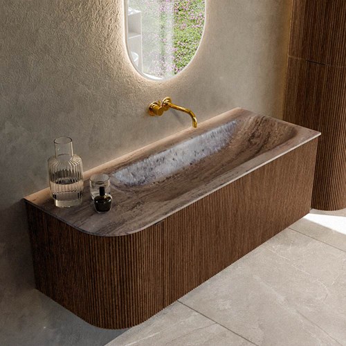KURVE-DLUX 125cm badmeubel ronding Links kleur Walnut met 1 lade en 1 deur. Wastafel BIG MEDIUM Rechts zonder kraangat Oza.