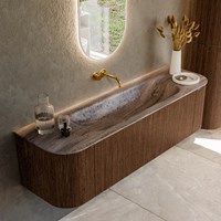 KURVE-DLUX 160cm meubles de salle de bains courbe Gauche + Droite couleur Walnut avec 1 tiroir et 2 portes. Lavabo BIG MEDIUM Centrée sans trou pour robinet, couleur Oza.