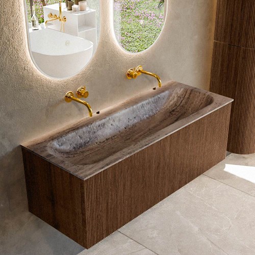 KURVE-DLUX 120cm bathroom vanity set color Walnut with 1 drawer and 0 doors. Vanity top BIG LARGE Center without tab hole, color Oza.