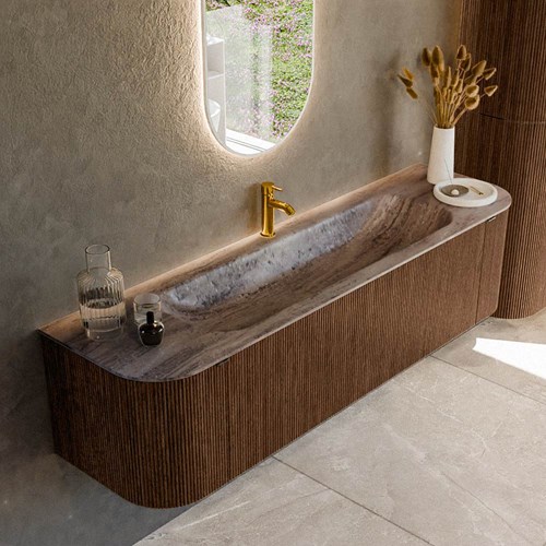 KURVE-DLUX 170cm mobili da bagno curva Sinistra + Destra colore Walnut con 1 cassetto e 2 porte. Lavabo BIG LARGE Centro 1 foro per rubinetto, colore Oza.