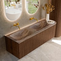 KURVE-DLUX 145cm bathroom vanity set curve Right color Walnut with 1 drawer and 1 door. Vanity top LEAF Double / Left without tab hole, color Oza.