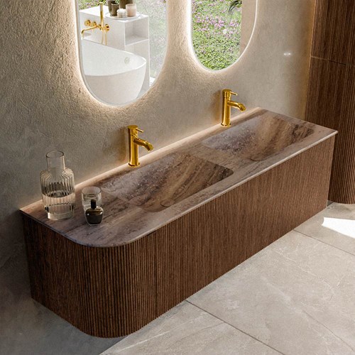 KURVE-DLUX 145cm mobili da bagno curva Sinistra colore Walnut con 1 cassetto e 1 porta. Lavabo LEAF Doppio / Destra 2 fori del rubinetto, colore Oza.