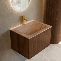 KURVE-DLUX 60cm badmeubel kleur Walnut met 1 lade en 0 deuren. Wastafel CLOUD Midden 1 kraangat Saba.