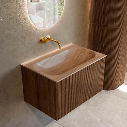 KURVE-DLUX 70cm meubles de salle de bains couleur Walnut avec 1 tiroir et 0 portes. Lavabo BIG SMALL Centrée sans trou pour robinet, couleur Saba.