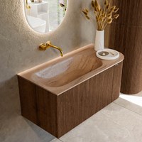KURVE-DLUX 95cm badmeubel ronding Rechts kleur Walnut met 1 lade en 1 deur. Wastafel BIG SMALL Links zonder kraangat Saba.