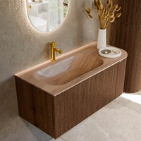 KURVE-DLUX 105cm badmeubel ronding Rechts kleur Walnut met 1 lade en 1 deur. Wastafel BIG SMALL Links 1 kraangat Saba.