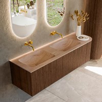 KURVE-DLUX 155cm mobili da bagno curva Destra colore Walnut con 2 cassetti e 1 porta. Lavabo LEAF Doppio / Sinistra senza foro per il rubinetto, colore Saba.
