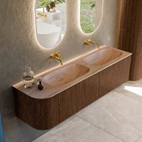 KURVE-DLUX 165cm meubles de salle de bains courbe Gauche couleur Walnut avec 2 tiroirs et 1 porte. Lavabo STOR SMALL Double / Droite sans trou pour robinet, couleur Saba.