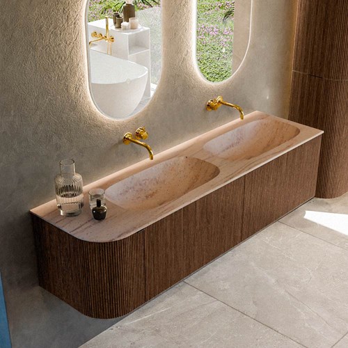 KURVE-DLUX 165cm meubles de salle de bains courbe Gauche couleur Walnut avec 2 tiroirs et 1 porte. Lavabo STOR SMALL Double / Droite sans trou pour robinet, couleur Saba.