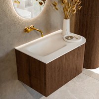 KURVE 75cm badmeubel ronding Rechts kleur Walnut met 1 lade en 1 deur. Wastafel GRUNNE Links zonder kraangat Talc.