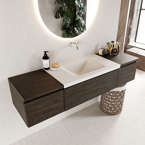 BUKLA 160cm badmeubel met module 40 kleur Dark Brown met 3 lades. Wastafel CLOUD midden 0 kraangaten kleur Talc.
