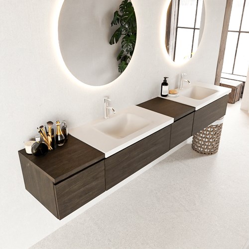 BUKLA 240cm badmeubel met module 40 rechts kleur Dark Brown met 4 lades. Wastafel CLOUD dubbel 2 kraangaten kleur Talc.