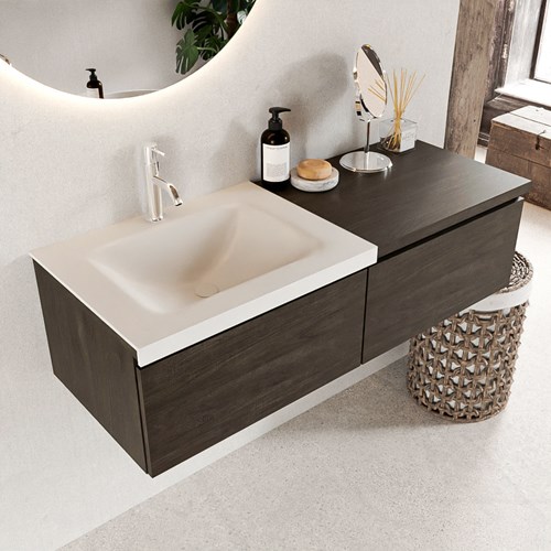BUKLA 120cm badmeubel met module 60 kleur Dark Brown met 2 lades. Wastafel CLOUD links 1 kraangat kleur Talc.