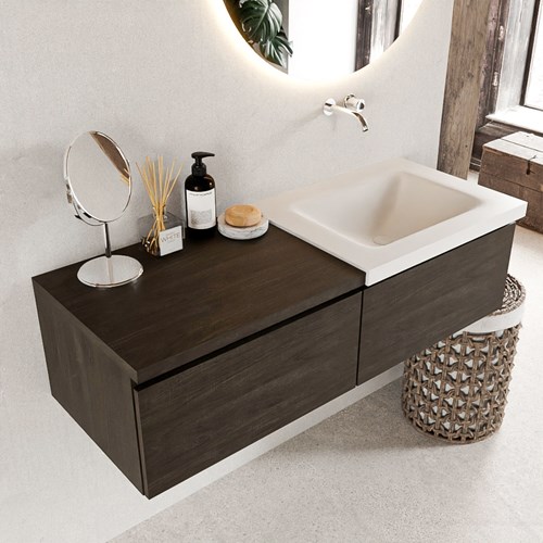 BUKLA 120cm badmeubel met module 60 kleur Dark Brown met 2 lades. Wastafel CLOUD rechts 0 kraangaten kleur Talc.