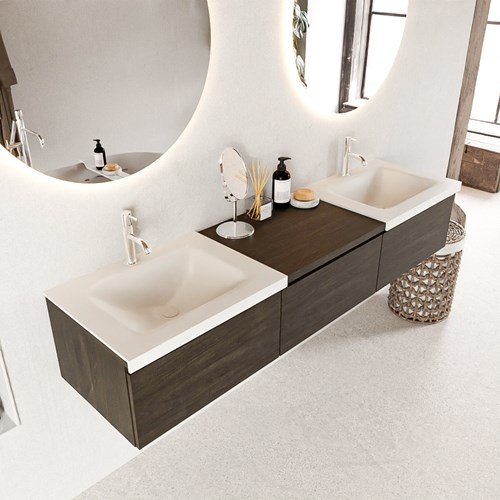 BUKLA 180cm badmeubel met module 60 kleur Dark Brown met 3 lades. Wastafel CLOUD dubbel 2 kraangaten kleur Talc.