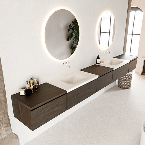 BUKLA 340cm badmeubel met module 60 kleur Dark Brown met 5 lades. Wastafel CLOUD dubbel 0 kraangaten kleur Talc.