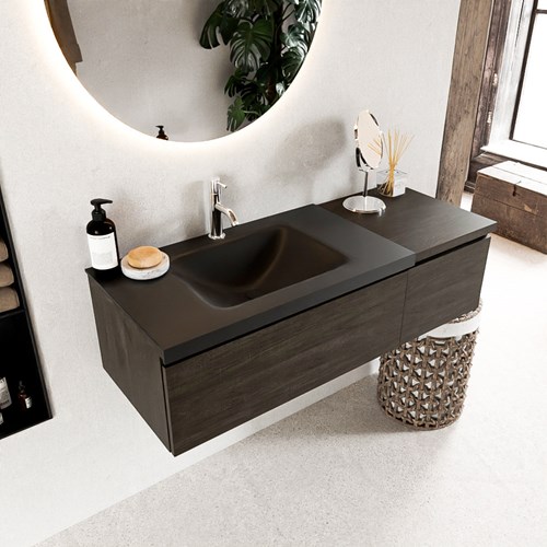 BUKLA 120cm badmeubel met module 40 kleur Dark Brown met 2 lades. Wastafel CLOUD links 1 kraangat kleur Urban.