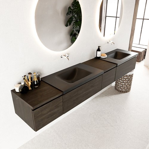 BUKLA 240cm badmeubel met module 40 rechts kleur Dark Brown met 4 lades. Wastafel CLOUD dubbel 0 kraangaten kleur Urban.