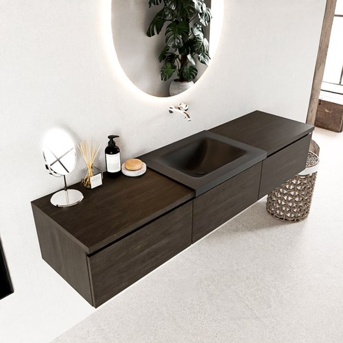 BUKLA 180cm badmeubel met module 60 kleur Dark Brown met 3 lades. Wastafel CLOUD midden 0 kraangaten kleur Urban.