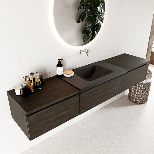 BUKLA 200cm badmeubel met module 60 kleur Dark Brown met 3 lades. Wastafel CLOUD midden 0 kraangaten kleur Urban.