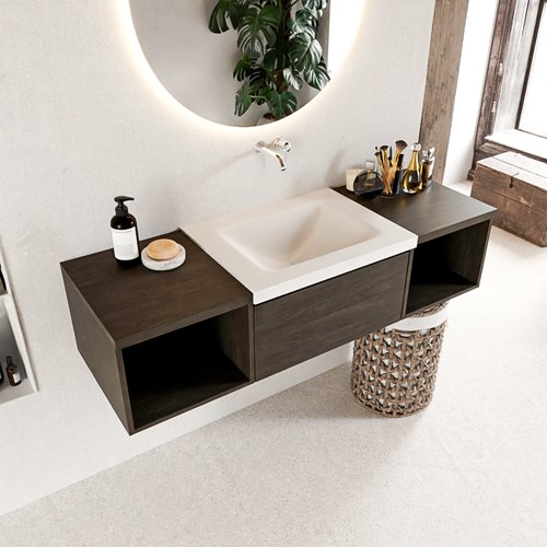 BUKLA 140cm badmeubel met open module 40 L+R kleur Dark Brown met 2 lades. Wastafel CLOUD midden 0 kraangaten kleur Talc.