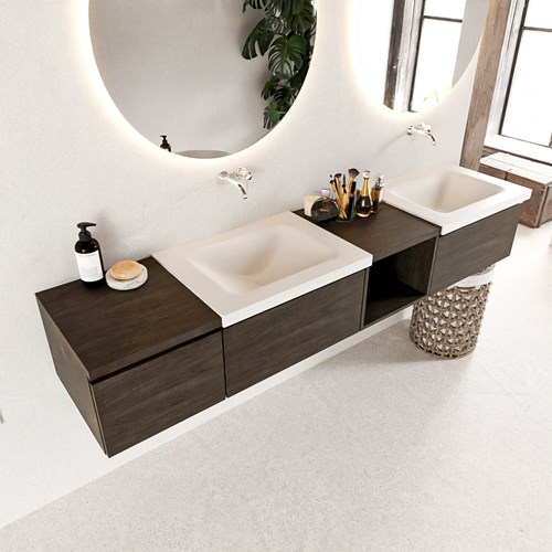 BUKLA 200cm badmeubel met open module 40 rechts kleur Dark Brown met 3 lades. Wastafel CLOUD dubbel 0 kraangaten kleur Talc.