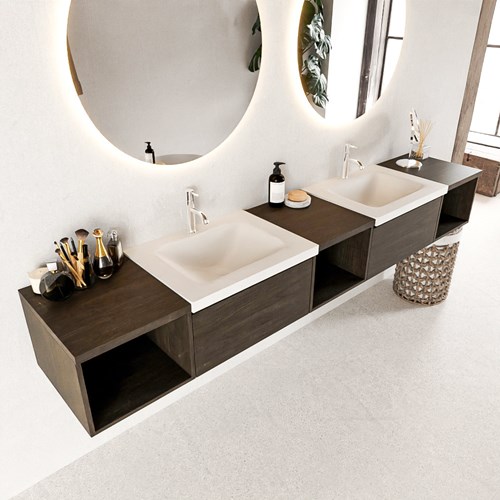 BUKLA 240cm badmeubel met open module 40 L+M+R kleur Dark Brown met 2 lades. Wastafel CLOUD dubbel 2 kraangaten kleur Talc.