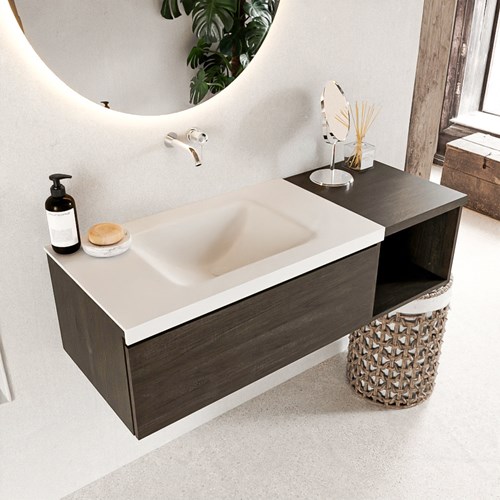 BUKLA 120cm badmeubel met open module 40 kleur Dark Brown met 1 lade. Wastafel CLOUD links 0 kraangaten kleur Talc.