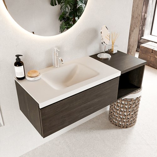 BUKLA 120cm badmeubel met open module 40 kleur Dark Brown met 1 lade. Wastafel CLOUD links 1 kraangat kleur Talc.