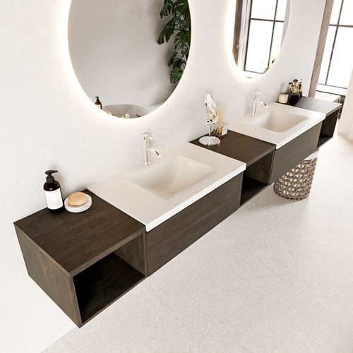 BUKLA 280cm badmeubel met open module 40 L+M+R kleur Dark Brown met 2 lades. Wastafel CLOUD dubbel 2 kraangaten kleur Talc.