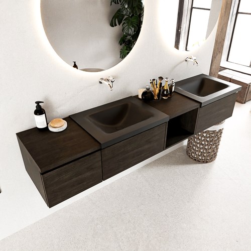 BUKLA 200cm badmeubel met open module 40 rechts kleur Dark Brown met 3 lades. Wastafel CLOUD dubbel 0 kraangaten kleur Urban.
