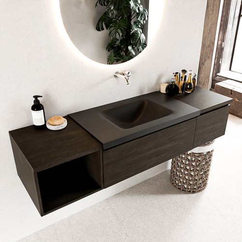 BUKLA 160cm badmeubel met open module 40 links kleur Dark Brown met 2 lades. Wastafel CLOUD midden 0 kraangaten kleur Urban.