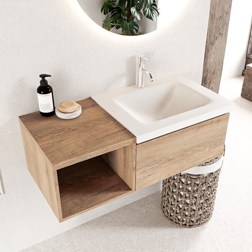 BUKLA 100cm badmeubel met open module 40 kleur Washed Oak met 1 lade. Wastafel CLOUD rechts 1 kraangat kleur Talc.