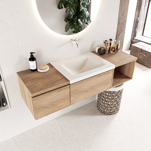 BUKLA 140cm badmeubel met open module 40 rechts kleur Washed Oak met 2 lades. Wastafel CLOUD midden 0 kraangaten kleur Talc.