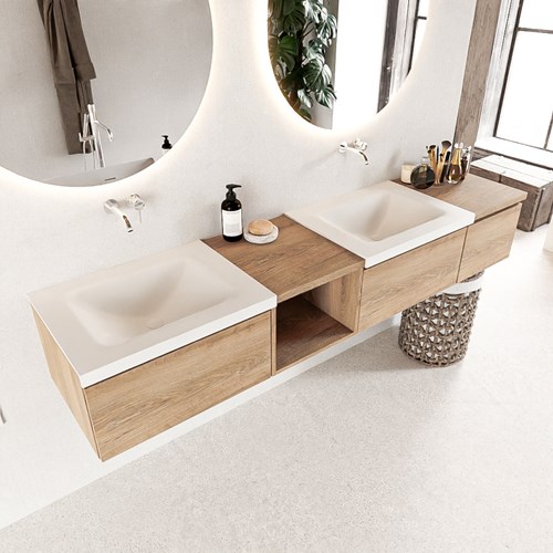 BUKLA 200cm badmeubel met open module 40 links kleur Washed Oak met 3 lades. Wastafel CLOUD dubbel 0 kraangaten kleur Talc.